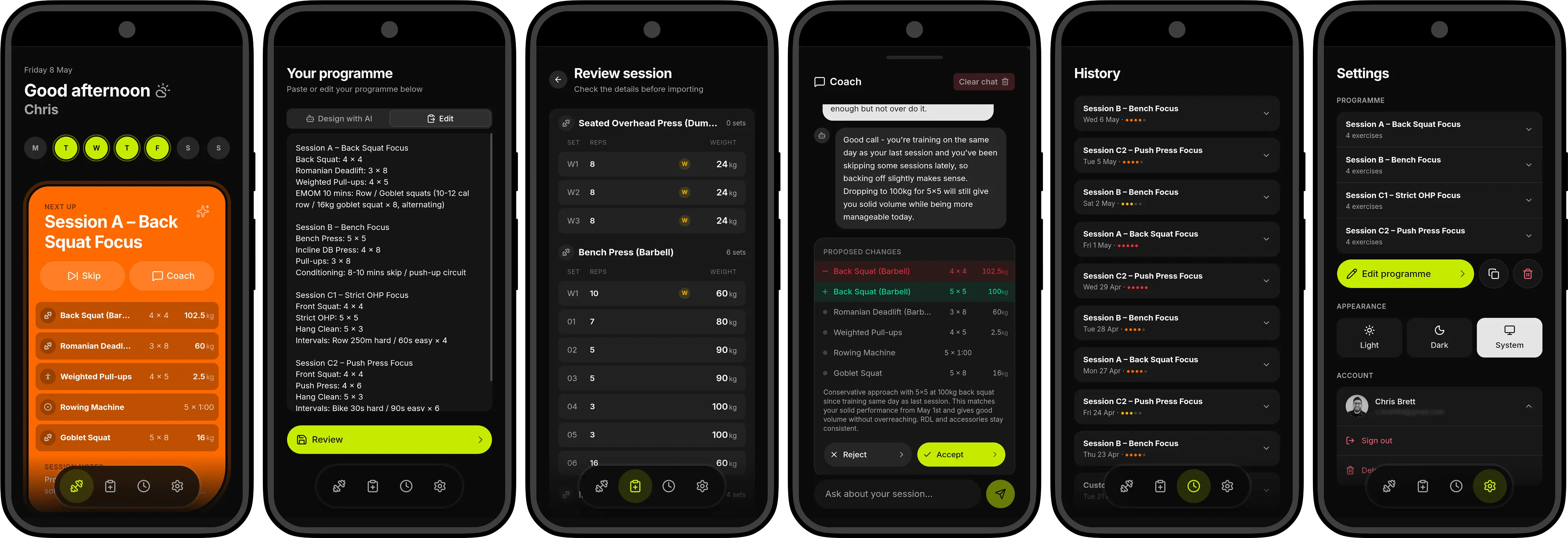 A selection of Koach screens showing the app in use